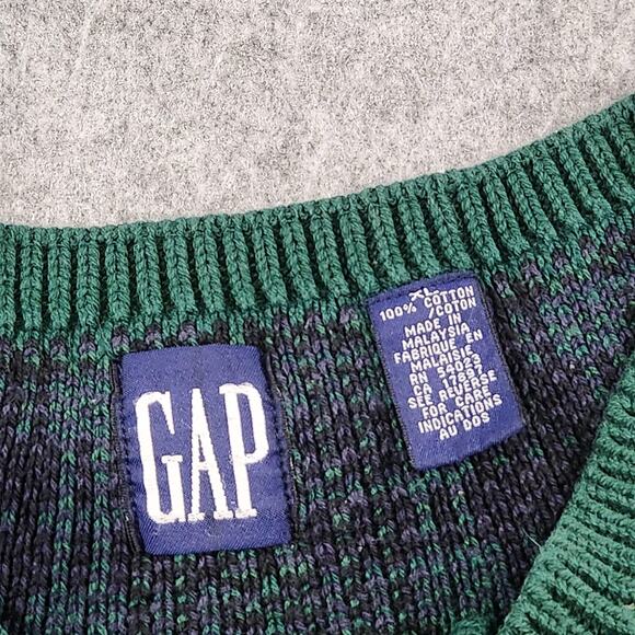 VTG GAP Sweater Womens XL Green Cable Knit Plaid V Neck Cotton Pullover Preppy - Picture 7 of 12